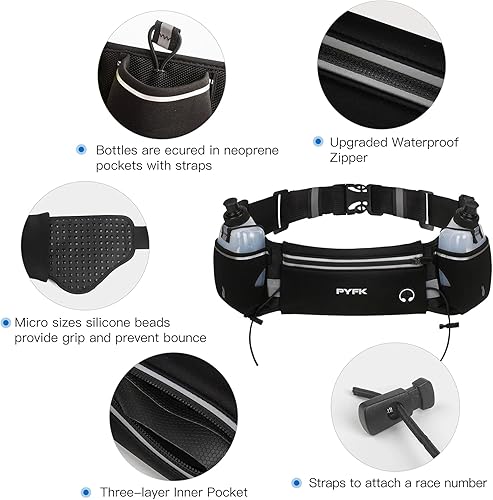 Miniatura 6 de PYFK Cinturón de correr mejorado con botellas de agua, cinturón de hidratación para hombres y mujeres, soporte para botella de agua, cinturón para