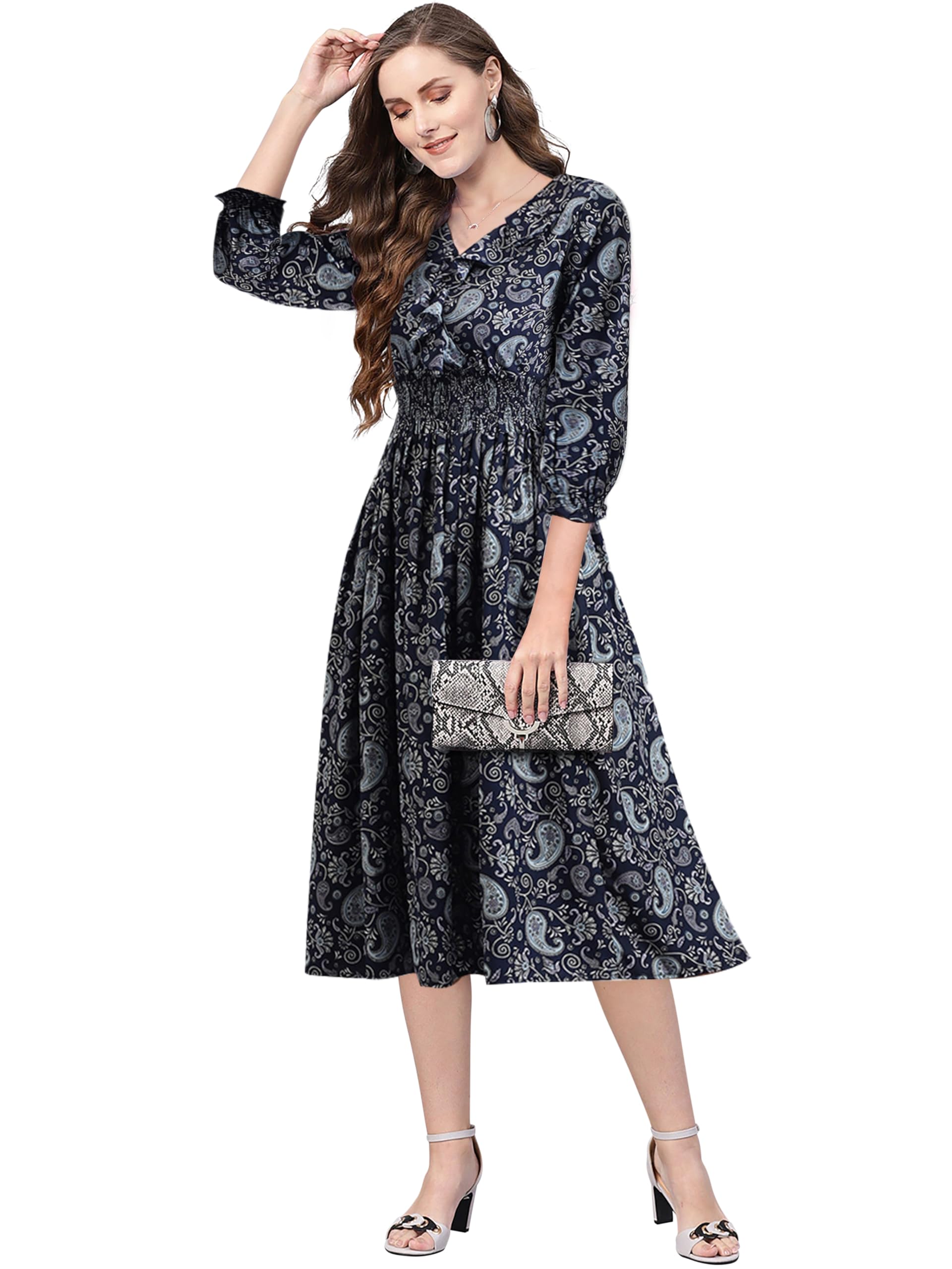 Toochki Women's Navy Blue Rayon Paisley Print Fit & Flared Western Dress | Dress For Women | A Line Dress | Winter Dress | Western Dress | Latest Women Dress | Trendy Dress | Midi Dress