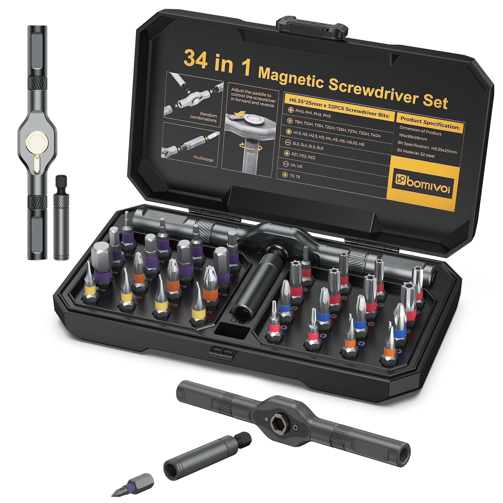 Ankilo 34 in 1 Magnetic Screwdriver Set, Multi-Bit Ratcheting Screwdriver with T Handle Repair Tool Kit for Electronics Home