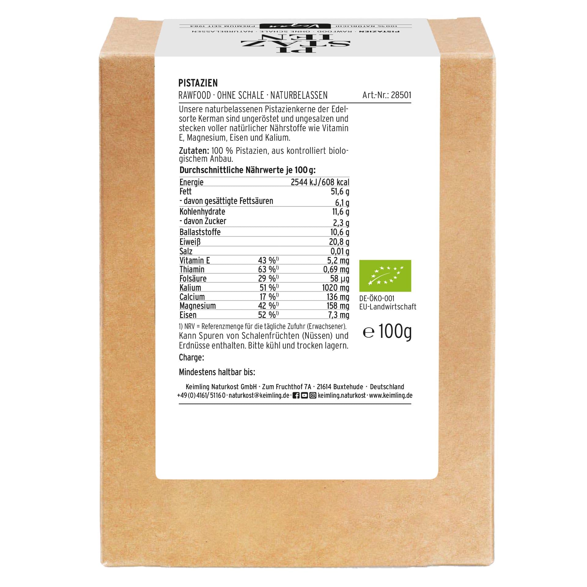 Bio-Pistazienkerne ohne Schale – ungeröstet & ungesalzen, Rohkostqualität aus Spanien, reich an ungesättigten Fettsäuren, Vitamin E & B1, vegan, Keimling Naturkost (75 g)