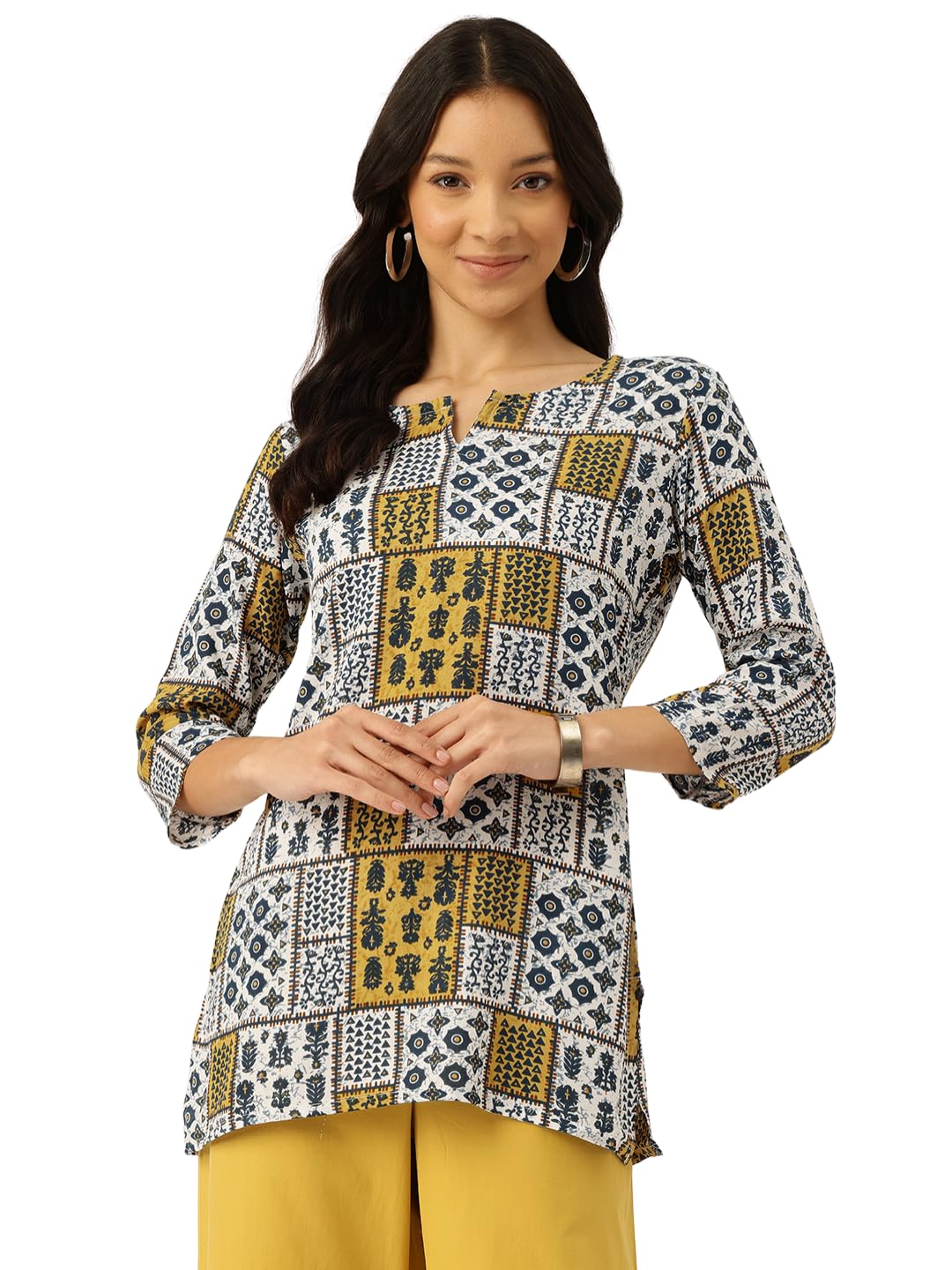 feranoid 3/4 Sleeve Round Neck Vcut top Grey Colour