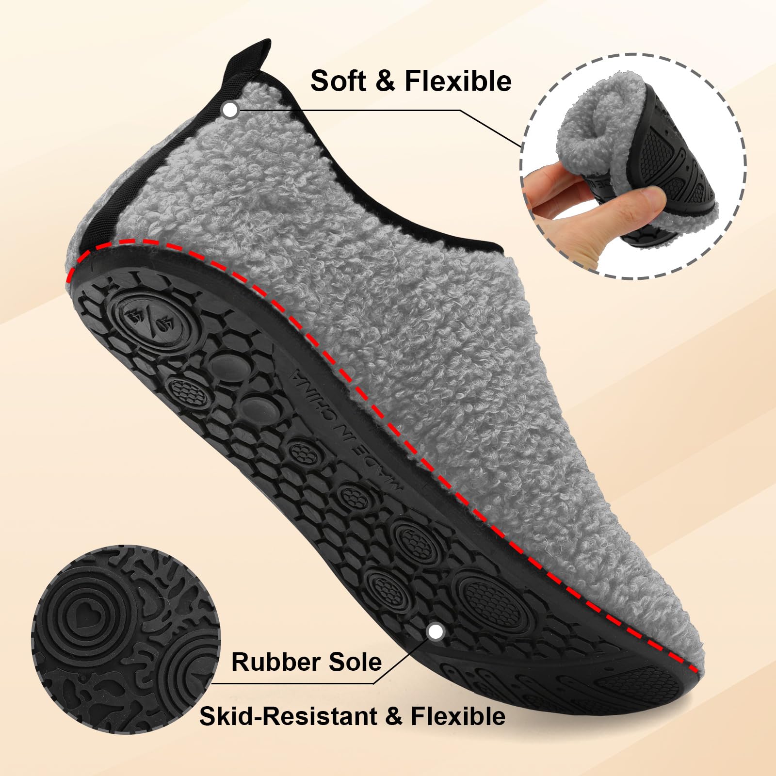 QFH Pantuflas para mujer y hombre, acogedoras, portátiles, de viaje, con suela de goma flexible, forro de terciopelo suave, pantuflas para interiores