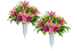 XONOR Artificial Cemetery Flowers with Vase, Set of 2 Artificial Rose Lily...