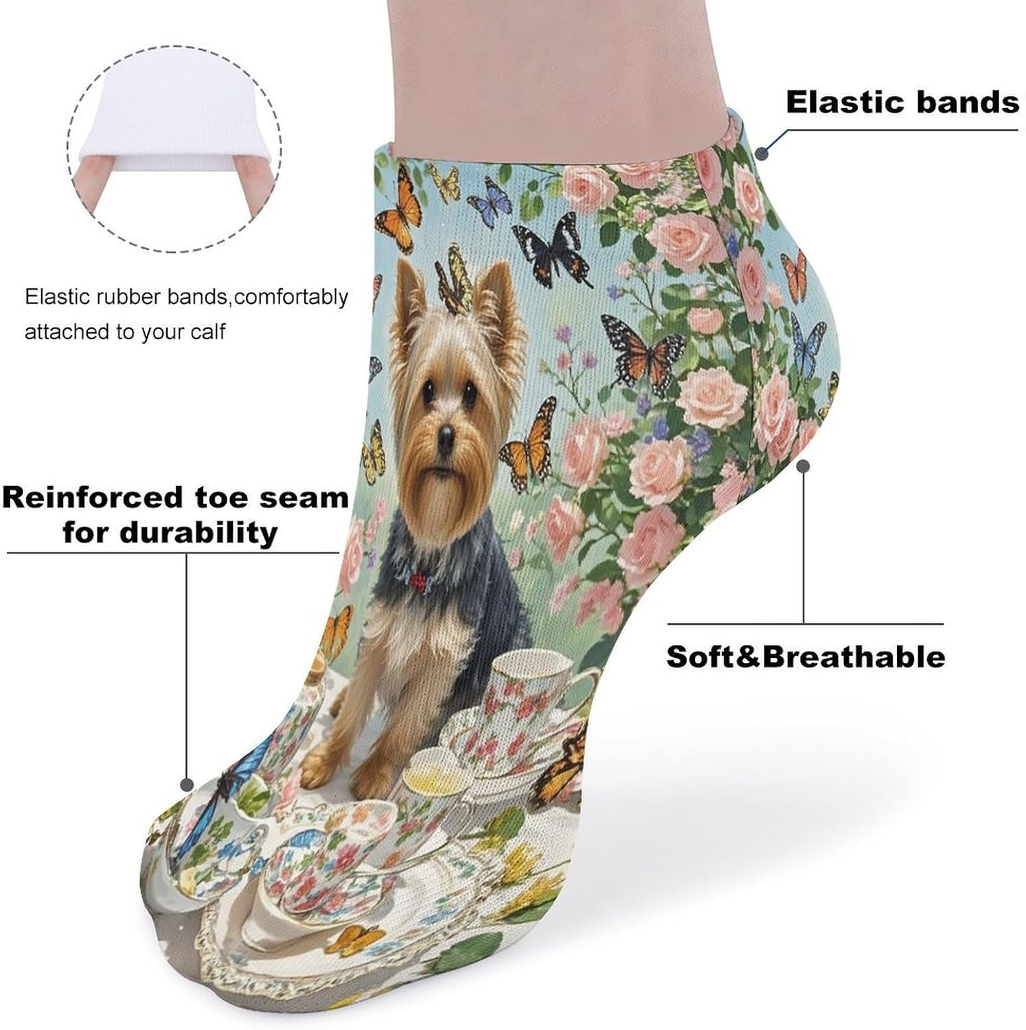 Yorkshire Terrier Tea Butterflies Roses Ankle Socks for Men Women 5 Pairs