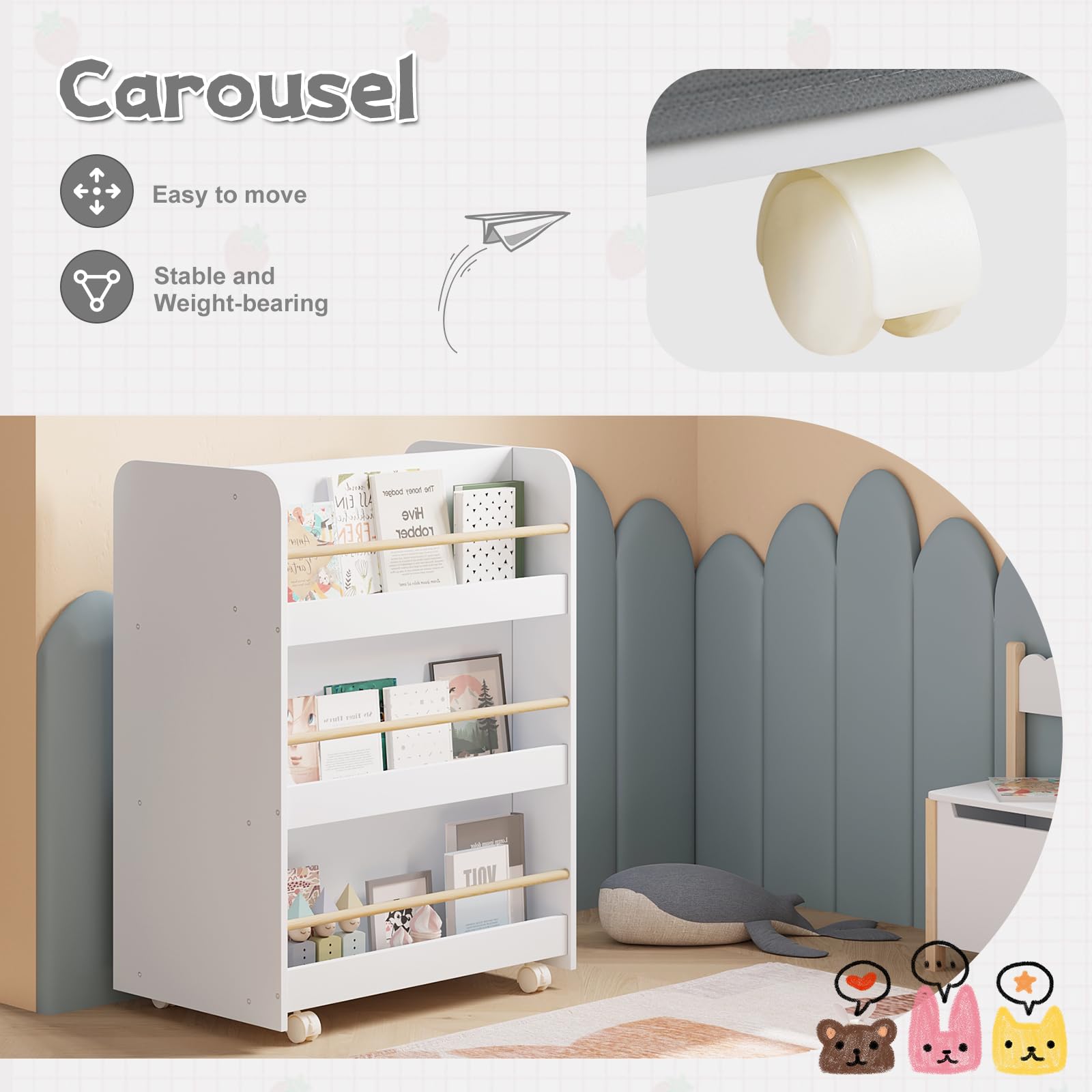 WOLTU Libreria per Bambini con Ruote 2 in 1, Porta Libri e Giocattoli, Libreria a 3 Ripiani e Portagiochi con Scatole e Scomparti Aperti per Camerette, Asili, in Legno, Bianco, 62,5x40x82,5cm