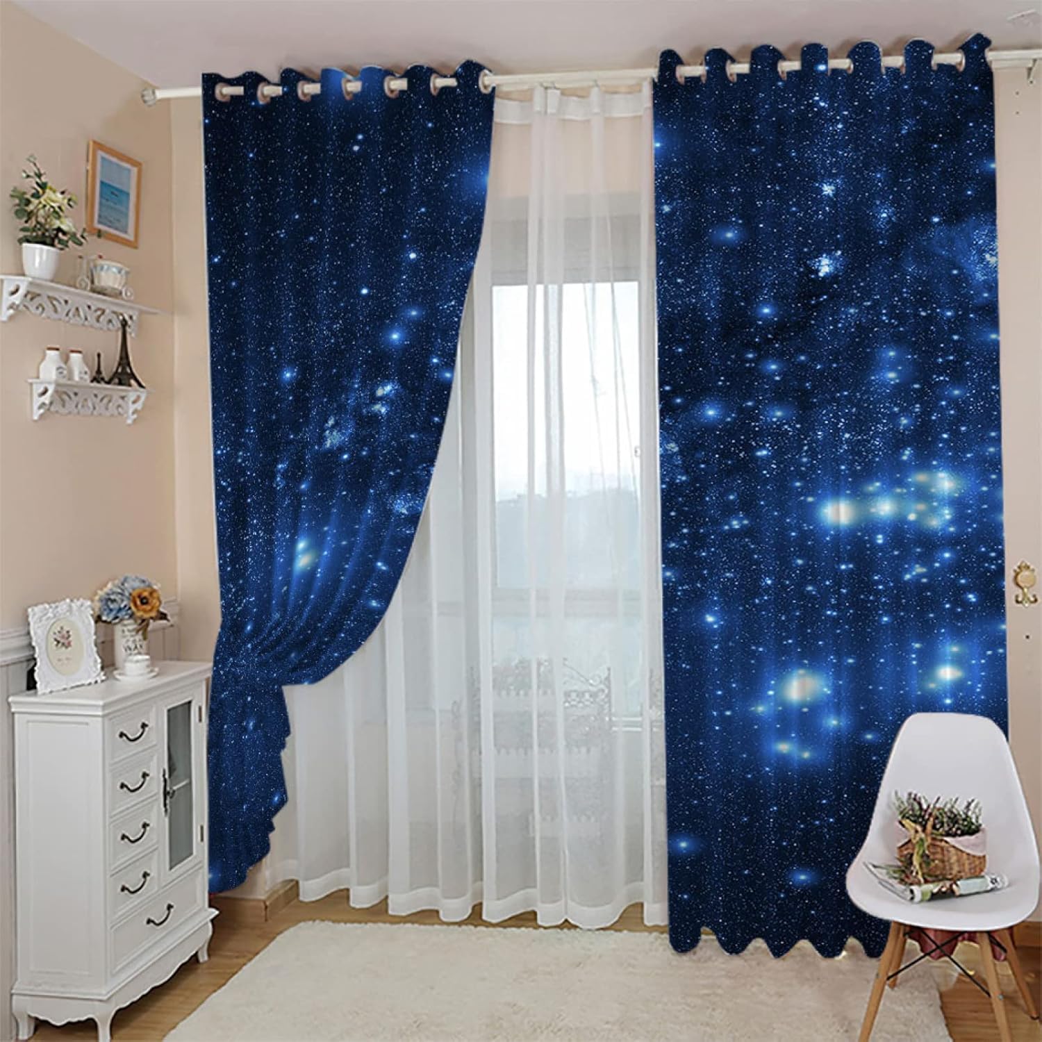 Cortinas Opacas Cielo Estrellado Cortinas Térmicas Aislantes con Ojales 2 Piezas 3D Vista Nocturna Cortina Blackout para Dormitorio Infantil Ventanas Estándar 2X 132x215 cm B/2215