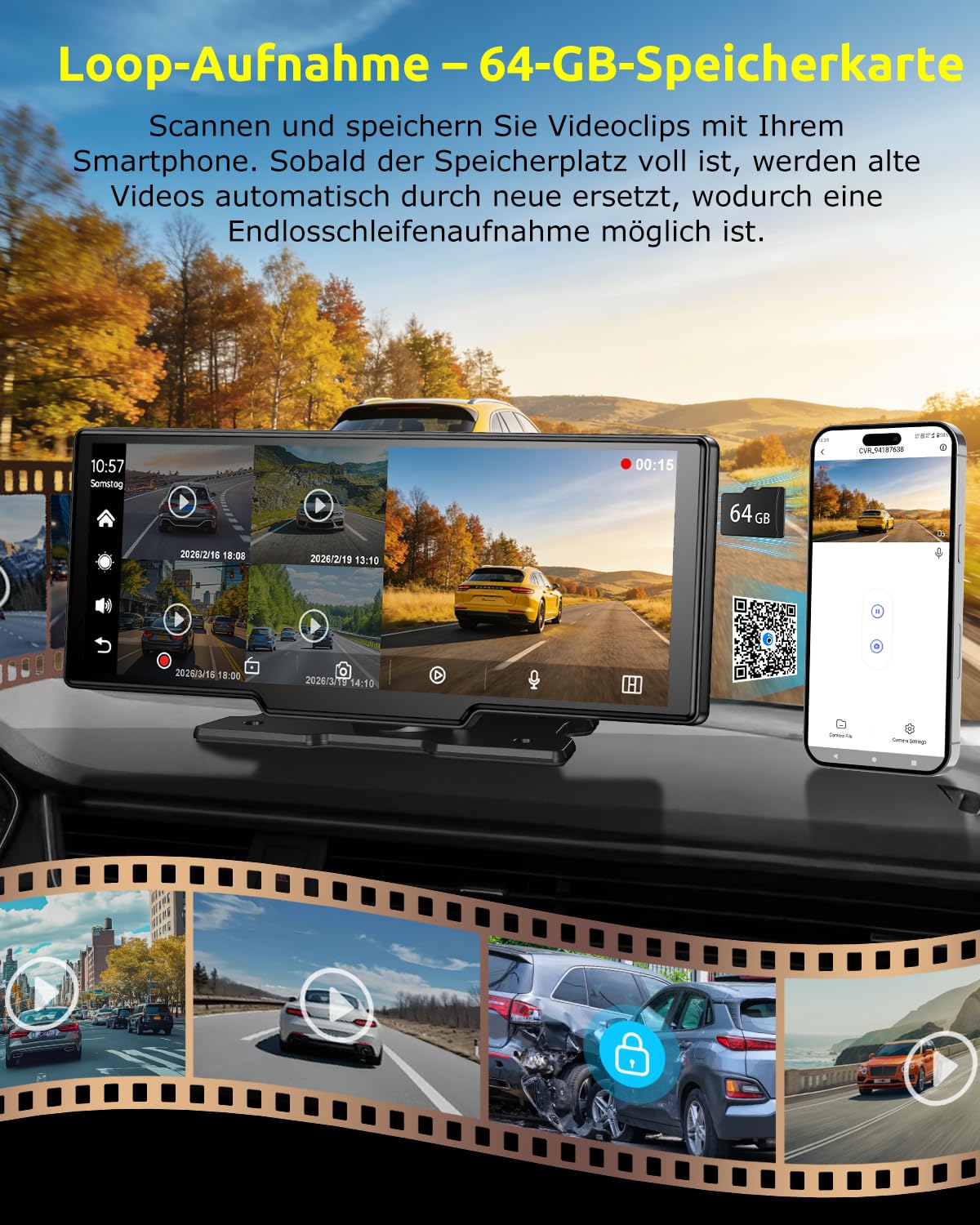 ESSGOO 10.26 Zoll Kabelloses CarPlay Display mit 4K Dashcam,1080P Rückfahrkamera & 4 Reifendruckkontrollgeräte Drahtlos CarPlay & Android Auto,Bluetooth 5.3,Mirror Link,GPS,FM,Sprachsteuerung,64GB TF