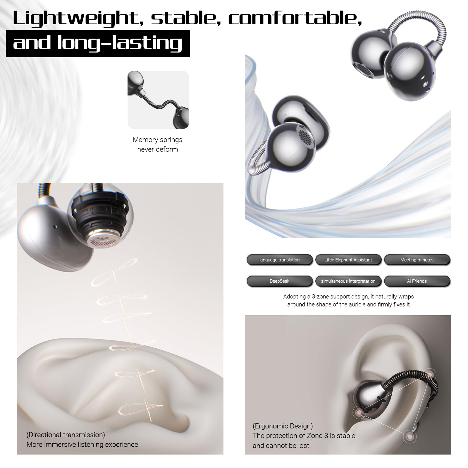 OHAANYY Dmooster D95 Cuffie clip-on Open-Ear Bluetooth 6.0 Sport | Auricolari senza fili con traduzione AI in 68 lingue, batteria 20h, impermeabili IPX6, mini auricolari