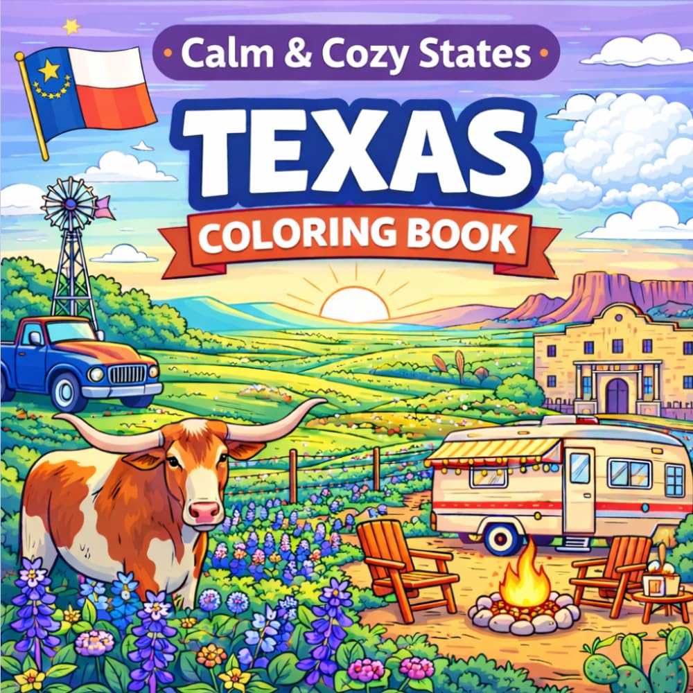 Calm & Cozy States: Texas Coloring Book: Relaxing Cozy Scenes | Bold & Easy Designs for Stress Relief