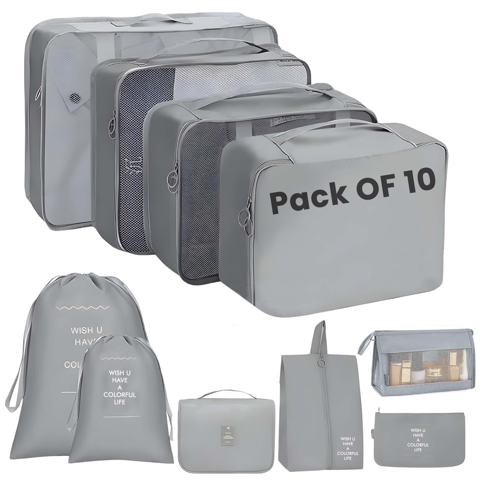 OCEANEVOMesh Set of 10 Pieces Packing Cubes Organiser for Travel, Travel Organizer Bags for Luggage, Suitcase includes 2 Drawstring Bags, Toiletry Bag with Hook - Set of 10 - Grey, 32 cm, 11 cm