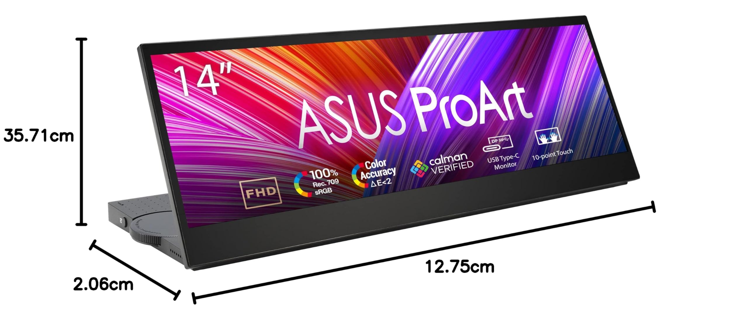 ASUS ProArt Display PA147CDV Creative Tool Monitor da 14 pollici, 32:9, IPS, Full HD 1920 x 550, 100% sRGB, 100% Rec.709, Precisione del colore Delta E<2, Calman, USB-C, Touch a 10 punti, MPP2.0, Nero