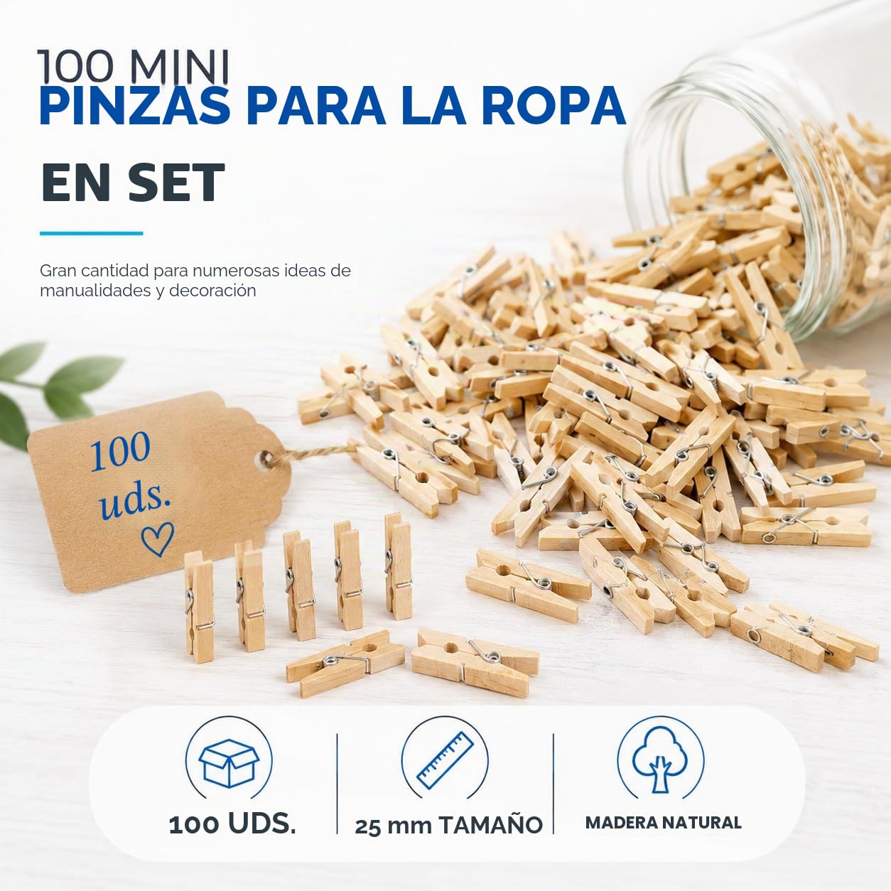 100x Mini Pinzas de Madera - Pinzas para Fotos decoración tamaño 25 mm Mini Clips. Pinzas para la Ropa de Madera auténtica (100x)