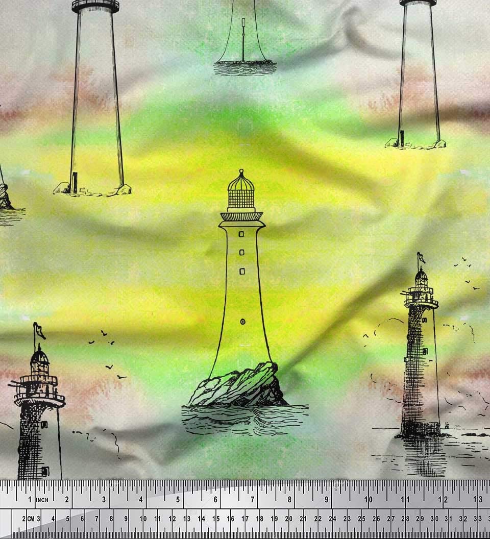 Soimoi Rayon Crepe Fabric Lighthouse Nautical Decor Fabric Printed Meter 46 Inch Wide