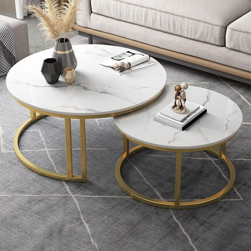 CraftThink Coffee Table Set, Contemporary Round Nesting Table Side Table End Table Stone Frame Without Drawers for Living Room, 31.5"L x 31.5"W x 18"H + 23.5"L x 23.5"W x 15"H (Grey White & Gold）