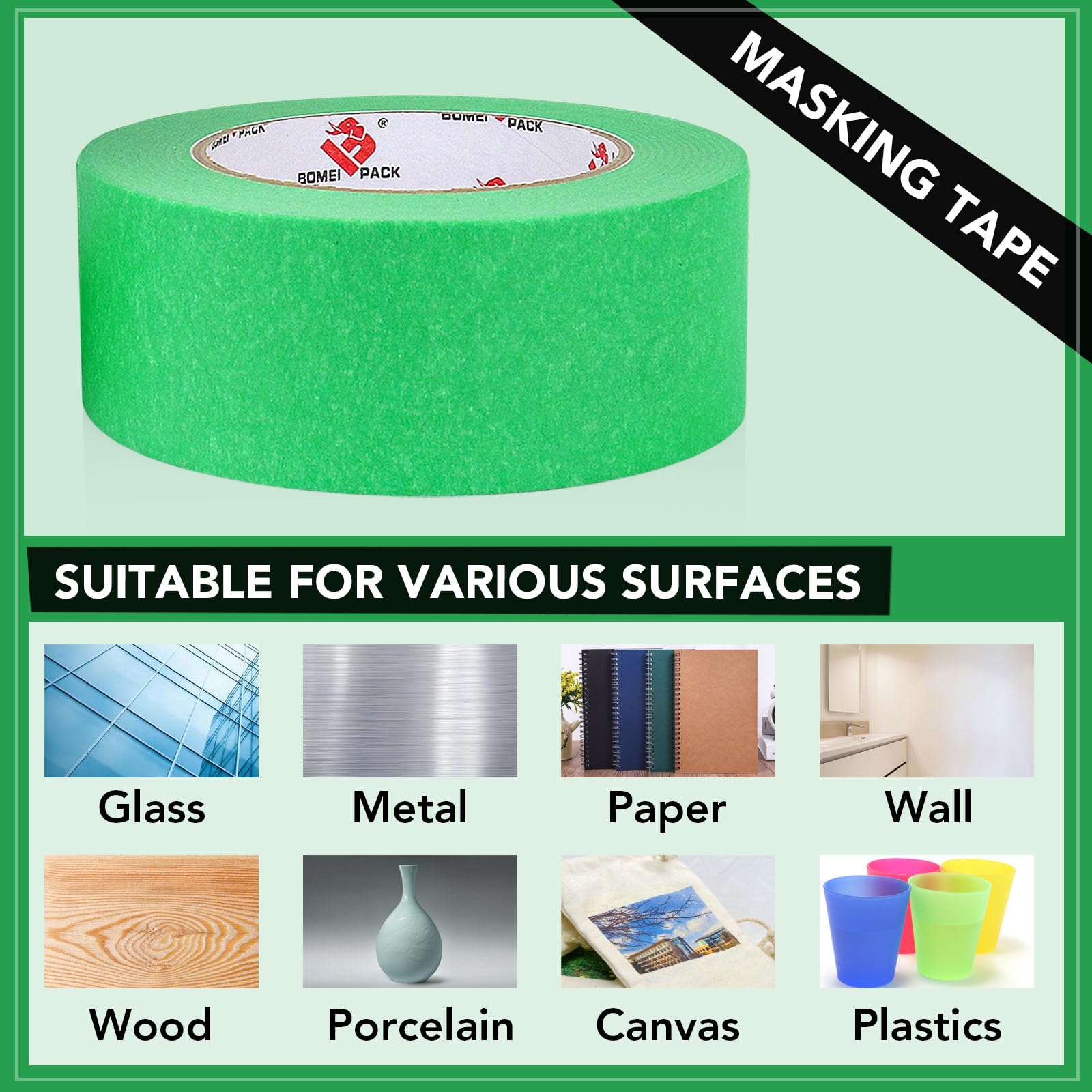 BOMEI PACK Nastro per pittori da 2,5 cm, 10 rotoli da 2,5 cm x 50,5 m, nastro per mascheratura verde, per pareti, lavori fai da te e progetti scolastici, totale 500 m
