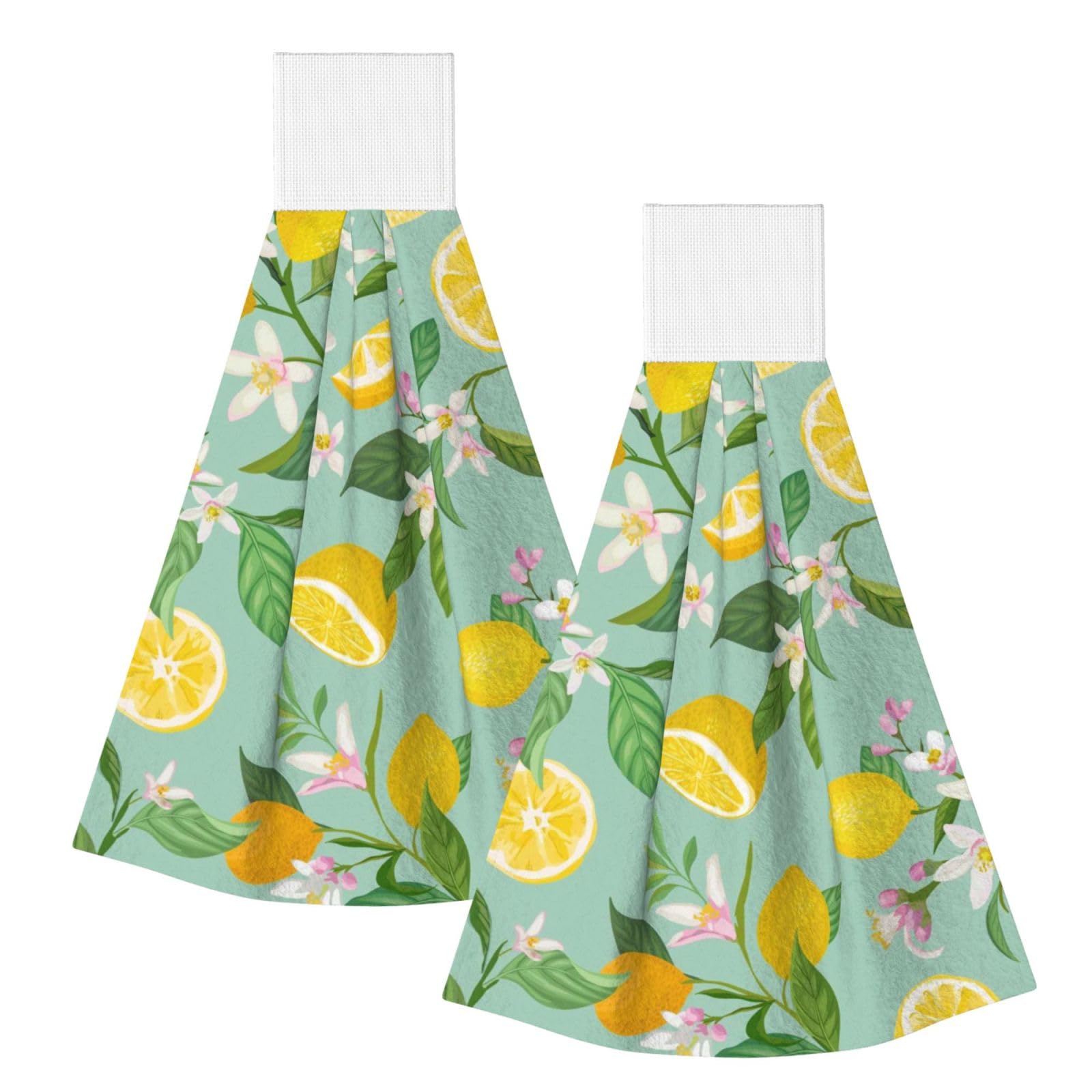 DOPKLNA Teal Lemon And Leaf Printed, 2 Pcs Hanging Coral Fiber Hand Towels for Bathroom, Absorbent Kitchen Towels