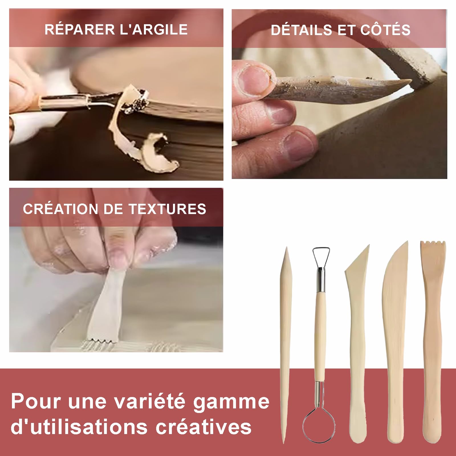 5 outils modelage en bois naturel . ébauchoirs fabriqués en France
