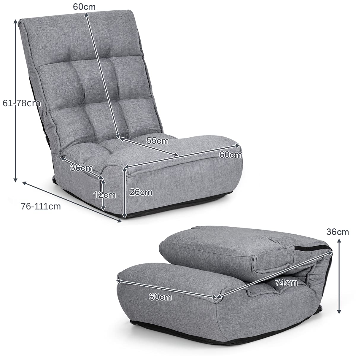 COSTWAY Folding Sofa Chair, 4Position Adjustable Floor Lazy Recliner