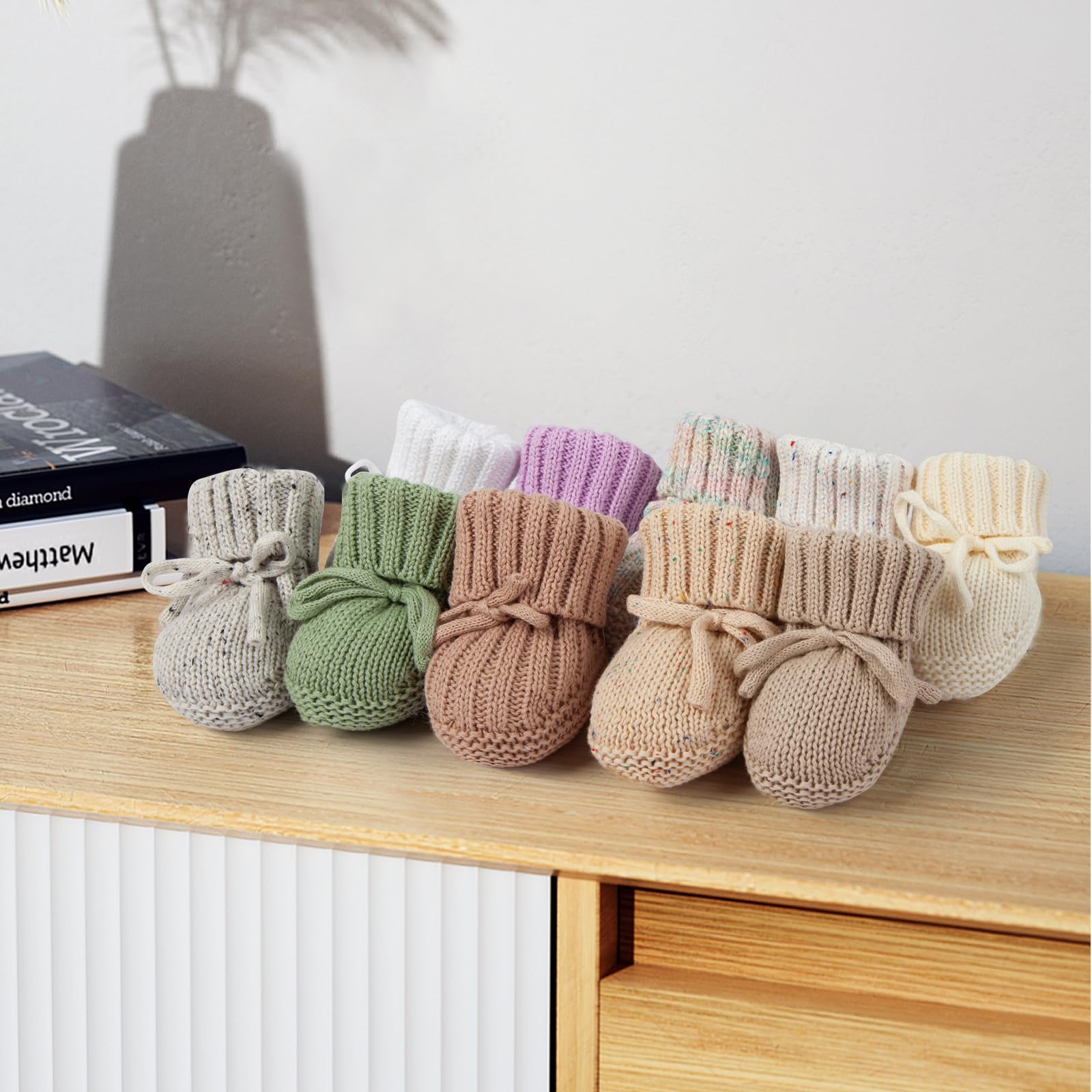 Fangool Newborn Shoes | Soft Knitted Baby Booties | A Gentle Hug for Tiny Feet | Warm, Cozy & Lightweight Infant Shoes for Boys & Girls (Purple & Iridescent Satin, 0-6 Months)