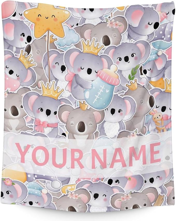 Personalized Koala Blanket Gifts with Name - 50"x60" Cute Throw for Women, Girls - Colorful Soft Fuzzy Blankets for Bed, Couch & Living Room