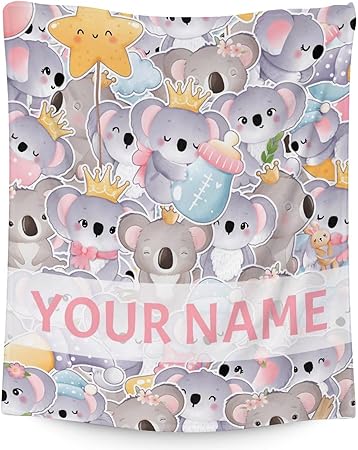 Personalized Koala Blanket Gifts with Name - 50"x60" Cute Throw for Women, Girls - Colorful Soft Fuzzy Blankets for Bed, Couch & Living Room