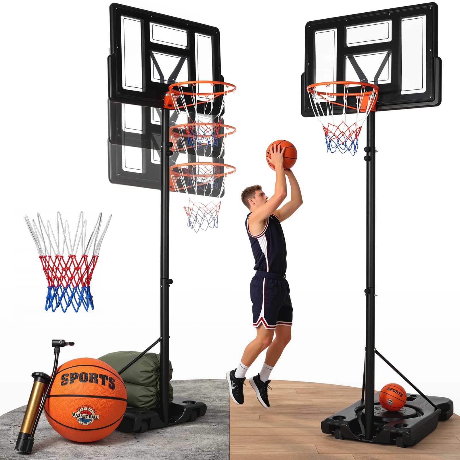 VOWNER Basketballkorb Outdoor höhenverstellbar Basketballständer verbreiterte Basis mit Sandsack, inkl. Größe 5 Ball & Pumpe, mobil, Basketballanlage für Kinder & Erwachsene