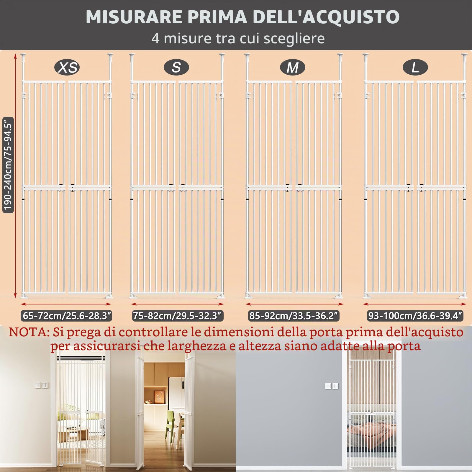 Cancello per animali domestici extra alto, 180 cm, con ante e serrature, adatto per porte da 190 a 250 cm di altezza, estensibile, regolabile, senza foro, per porte e camere da letto (larghezza 65