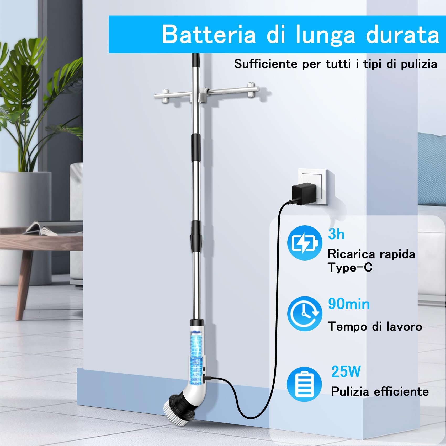 Spazzola elettrica per la pulizia, 9 in 1, spazzola elettrica per la pulizia domestica, 2 modalità, Spin Scrubber Electric Cleaning Brush con 34-130 cm, spazzola per il bagno (White)