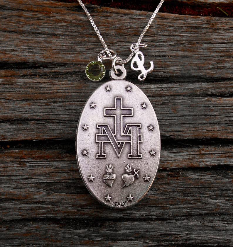 Miniatura 4 de Virgin Mary Miraculous Medal, EXTRA Large 1.75 INCH, Virgin Mary Medallion, Confirmation, Cross, XL Blue Miraculous Medal, Sterling Silver Chain