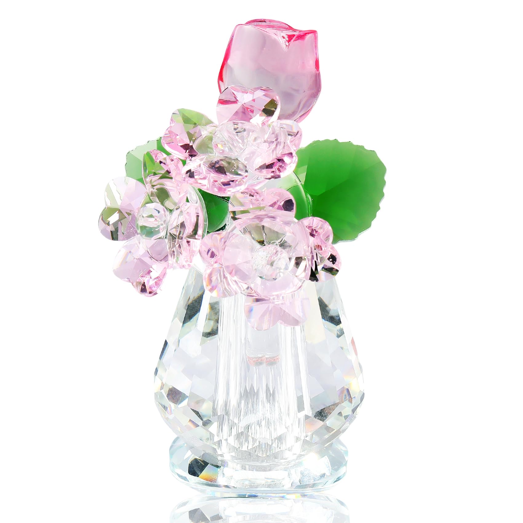 Crystal Pink Rose Flower Figurine for Women, Handmade Flowers Bouquet Gifts for Mum Wife Girlfriend, Glass Rose Floral Collectible Ornaments for Home Decor Tabletop Centerpieces