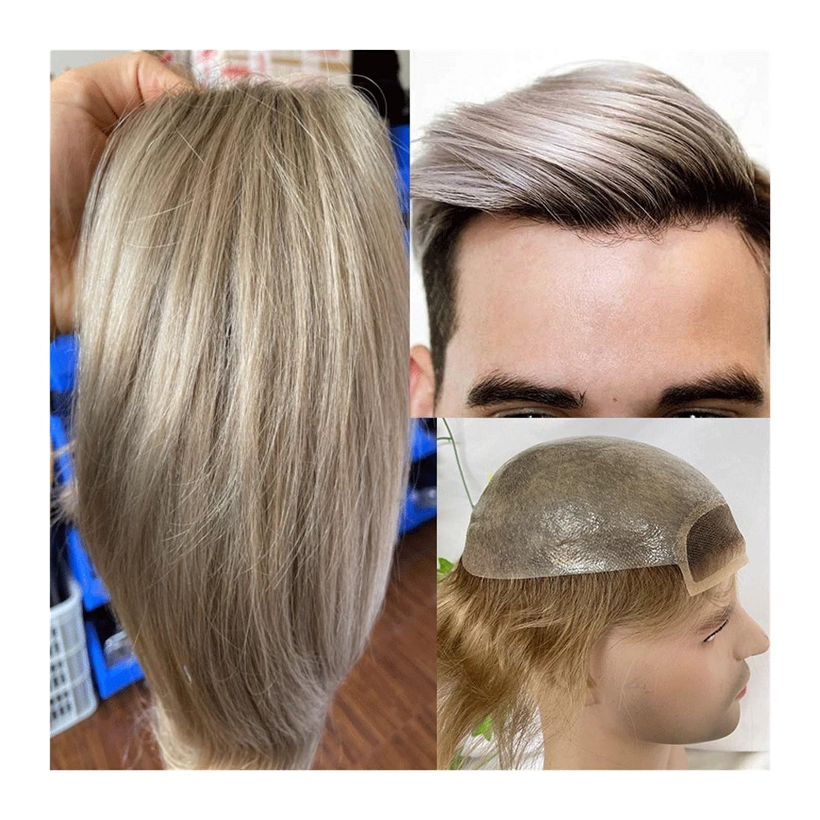 Men Bun Wig, 8x10 French Lace Front Hair Pieces Toupee for Men Lace Front  African American Lace Replacement System Ombre Ash Grey Men's Wigs,for