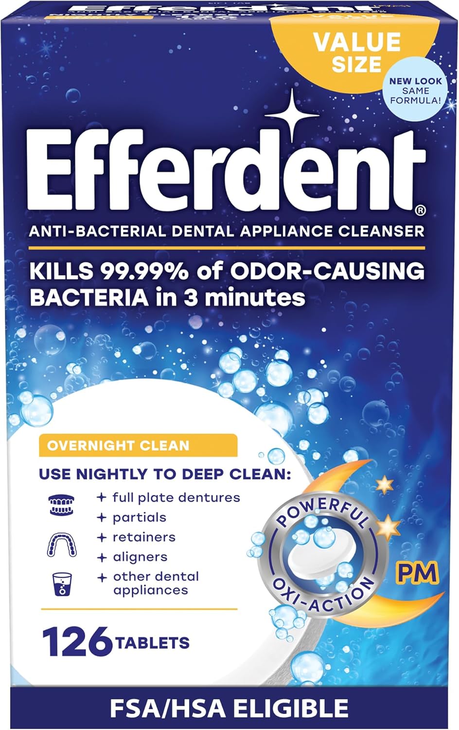 Efferdent Retainer Cleaning Tablets, Denture Cleaning Tablets for Dental Appliances, Overnight Whitening, 126 Count 126 Count (Pack of 1) PM - Image 1 of 6