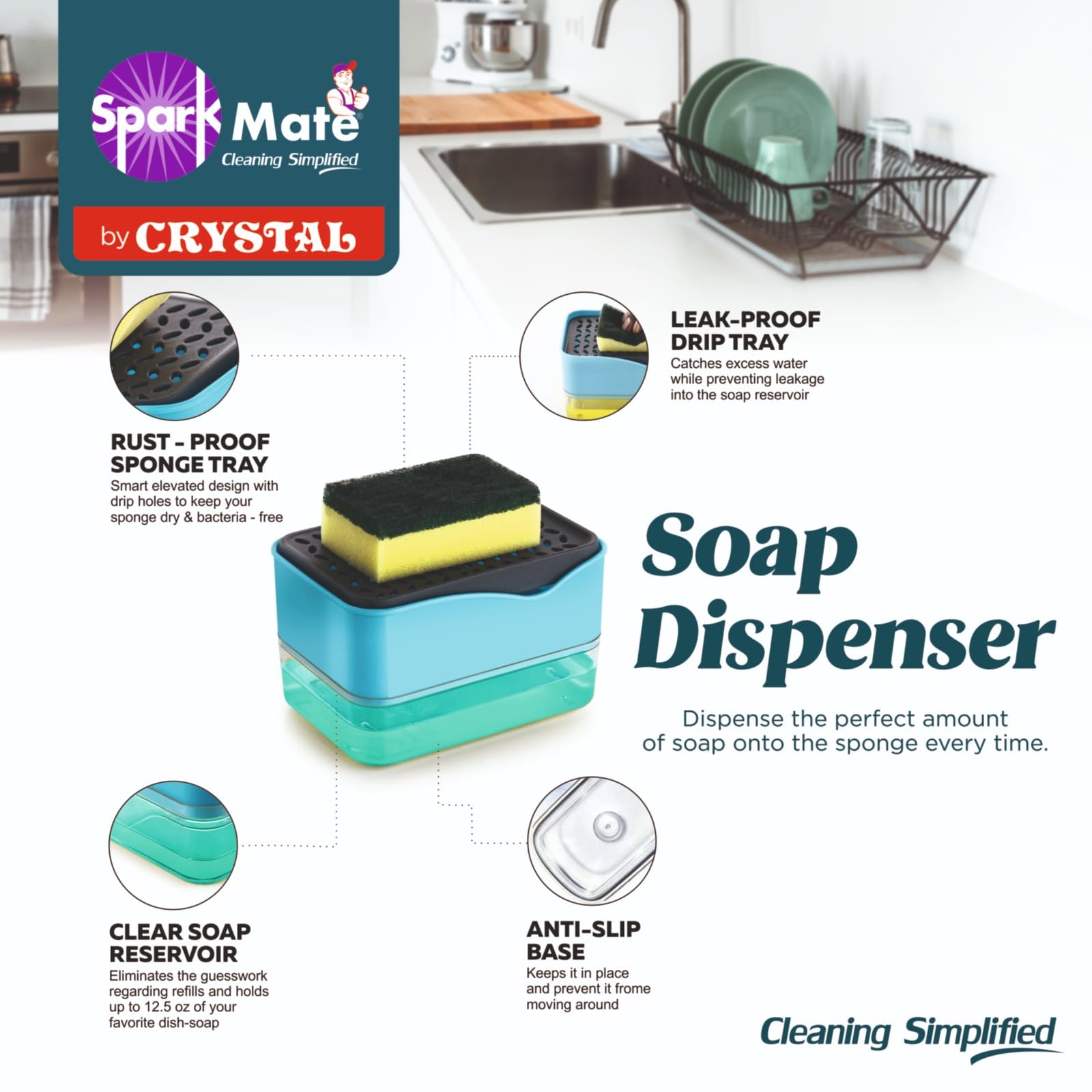 Sparkmate by Crystal Soap Dispenser with Scrub & Sponge Pad