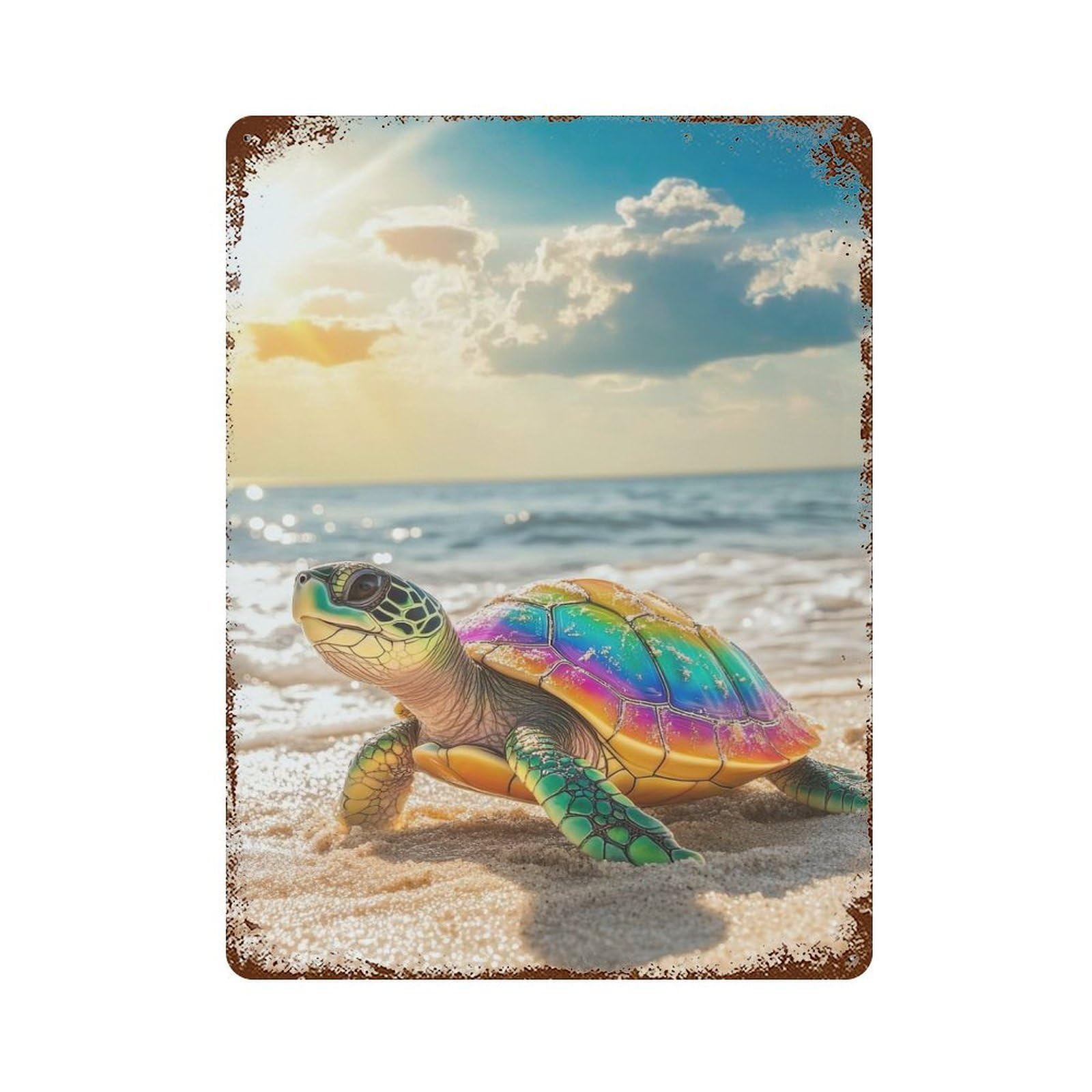 Rainbow Sea Turtle on Beach Rusty Metal Tin Sign 15.7"x11.8", Industrial Home Decor for Garage, Pub Or Kitchen