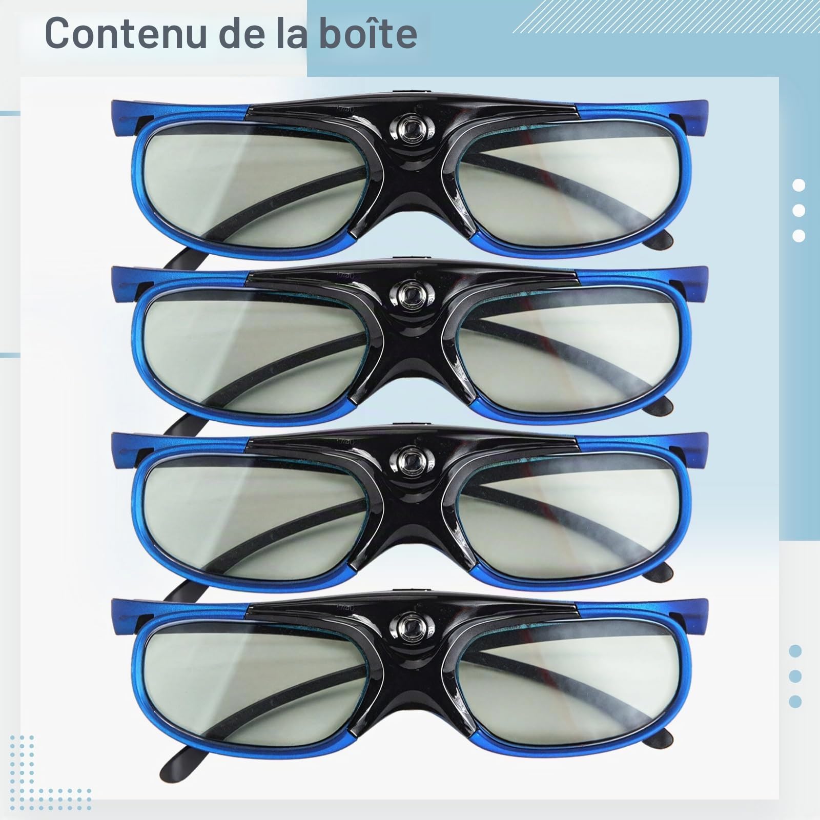 4 paires de lunettes 3D rechargeables, compatibles avec les projecteurs Dlp-Link, Xgimi, Jmgo, taux de rafraîchissement de 144 Hz, large vue, monture bleue