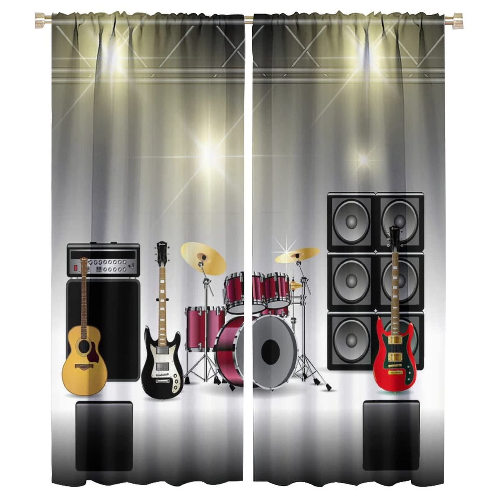 Rock Music Curtains for Living Room,Musical Instrument Curtain Guitar Blackout Rod Pocket Window Drapes for Teens Boys Bedroom Living Room W42xL54in