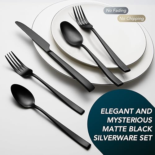 Miniatura 2 de Juego de cubiertos negros mate, 40 piezas de acero inoxidable de alta calidad para 8, juego de cubiertos mate, juegos de utensilios de cocina negros