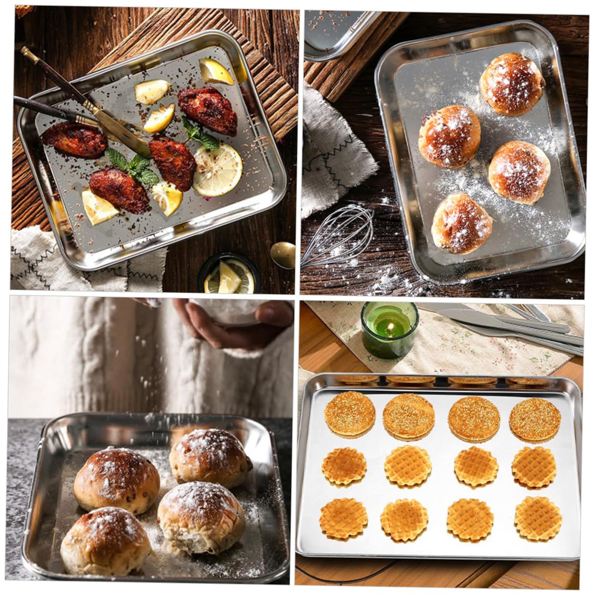 DOITOOL 3 piezas Bandejas de Horno Rectangulares de Acero Inoxidable Bandeja Multifuncional para Hornear Galletas Asar y Almacenar Aptas para Horno y Fácil Limpieza