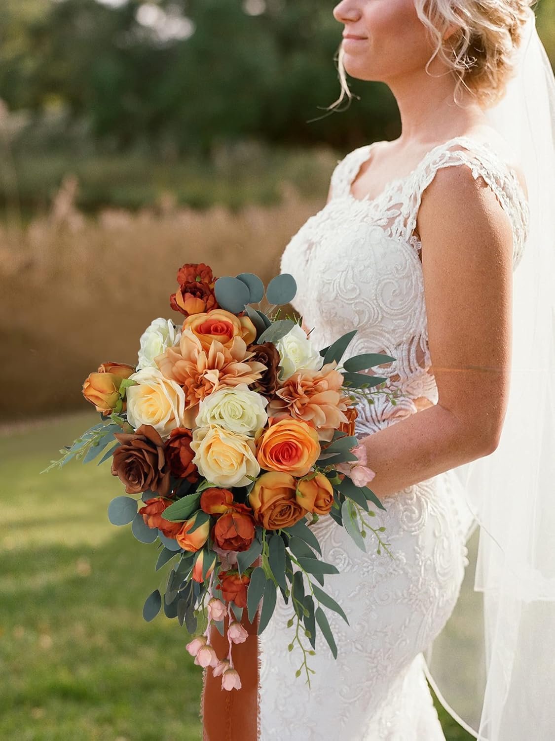 Rinlong 11.8“ Rusitc Burnt Orange Cascade Bouquet Fall Wedding Bouquets for Bride Cascading Wedding Bouquet of Flowers Teardrop Bridal Bouquet Wedding Artificial Flowers Bouquet