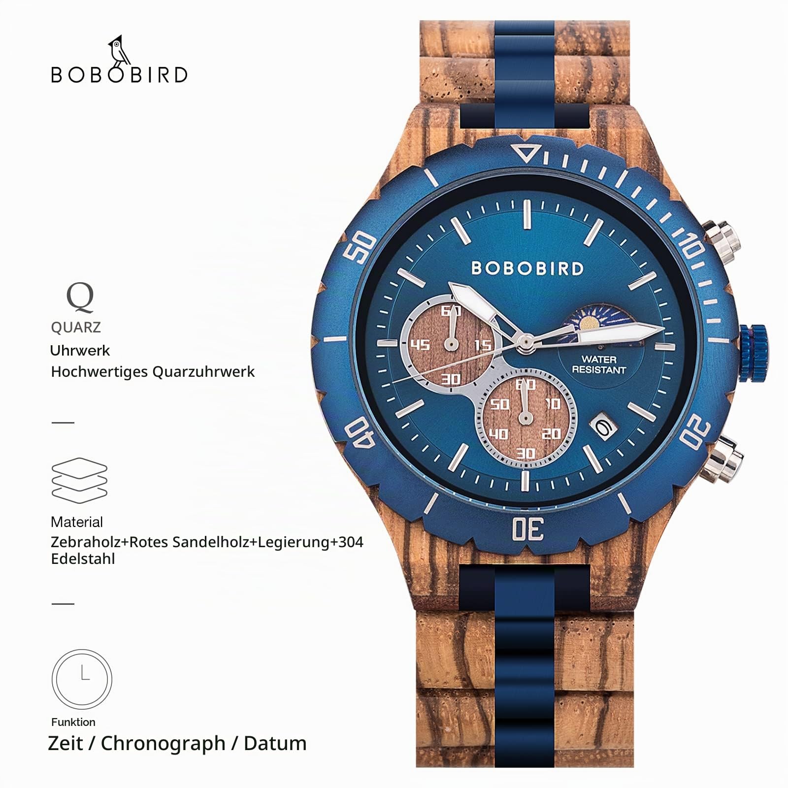 BOBO BIRD Herren Quarz Holzuhren Edelstahl Rot Sandelholz Legierung Holzuhr für Männer Klassische Funktion Armbanduhr Chronograph Leuchtende Zeiger Tag und Nacht Datumsanzeige