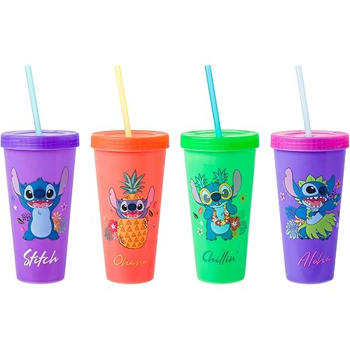 Silver Buffalo Disney Lilo and Stitch Tropical Poses 4 Pack Color Change Plastic Tumbler, 24 Ounces