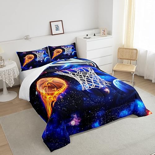 Miniatura 2 de Castle Fairy Juego de edredón de baloncesto tamaño individual, relleno de edredón de aro de baloncesto para niños, adolescentes, niños, niñas,