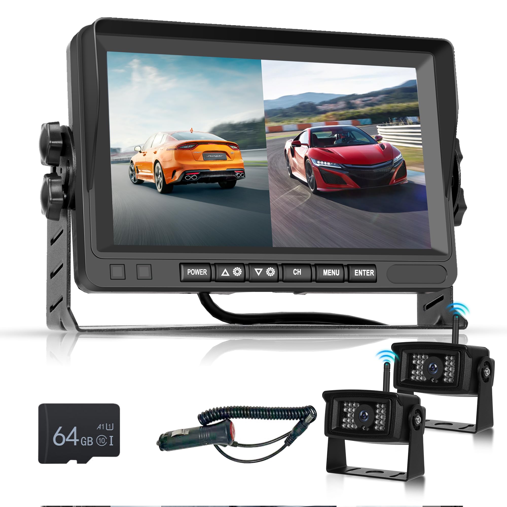 Rimoody HD 7" RV Wireless Backup Camera with 2 Cameras 64G Card, Night Vision, Waterproof 2 Split Screen Monitor, Digital Signals, for Truck, Trailer, Motorhome, Bus, DVR Loop Recording System