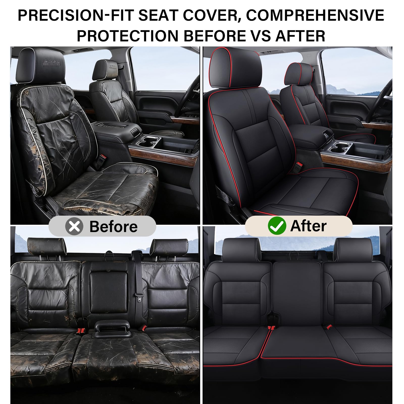 Coverado Chevy Silverado Seat Covers Full Set, Faux Leather Car Seat Covers Fit for 2014-2018 1500, 2015-2019 2500HD 3500HD Chevy Silverado GMC Sierra Crew Double Extended Cab (Red)