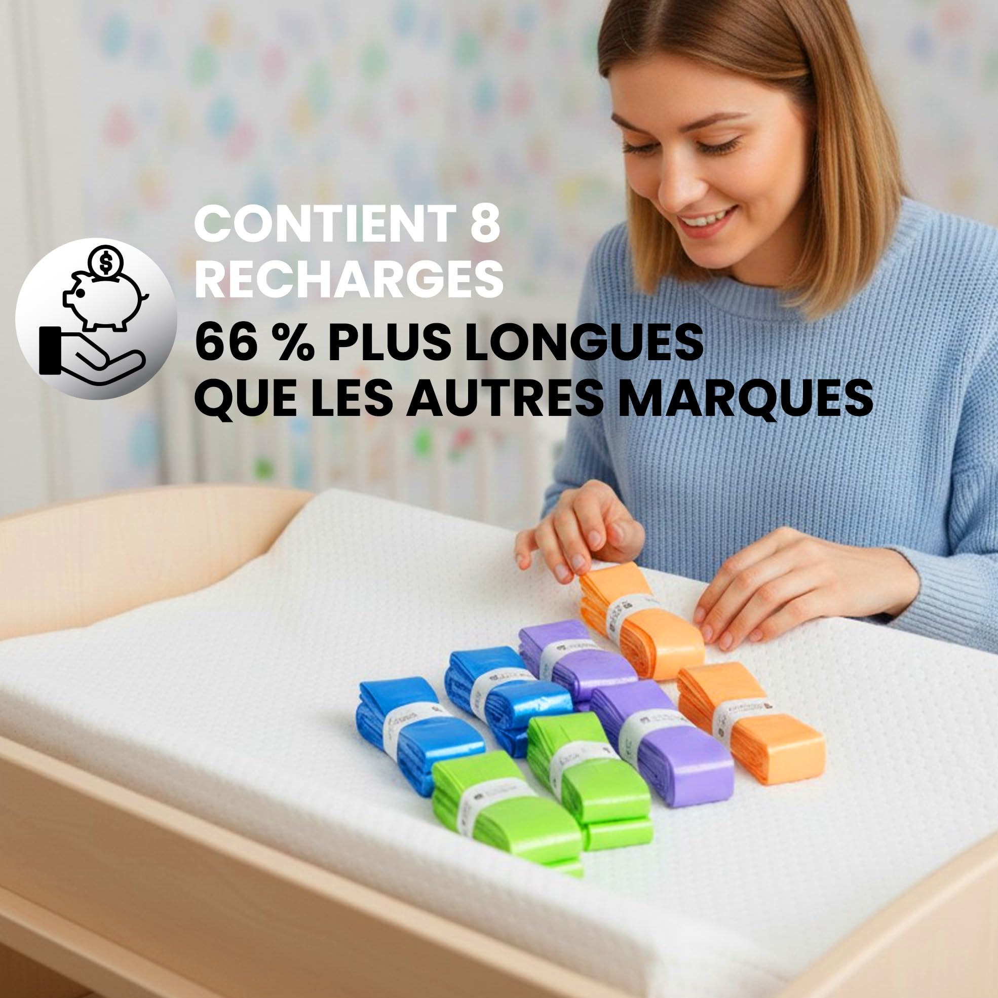 Factory HappyYou® – Pack XXL de 8 recharges poubelle couche bébé de 7,5 mètres compatibles avec poubelle à couche Tommee Tippee et Angelcare – Anti-odeur – Sans BPA – Recyclable