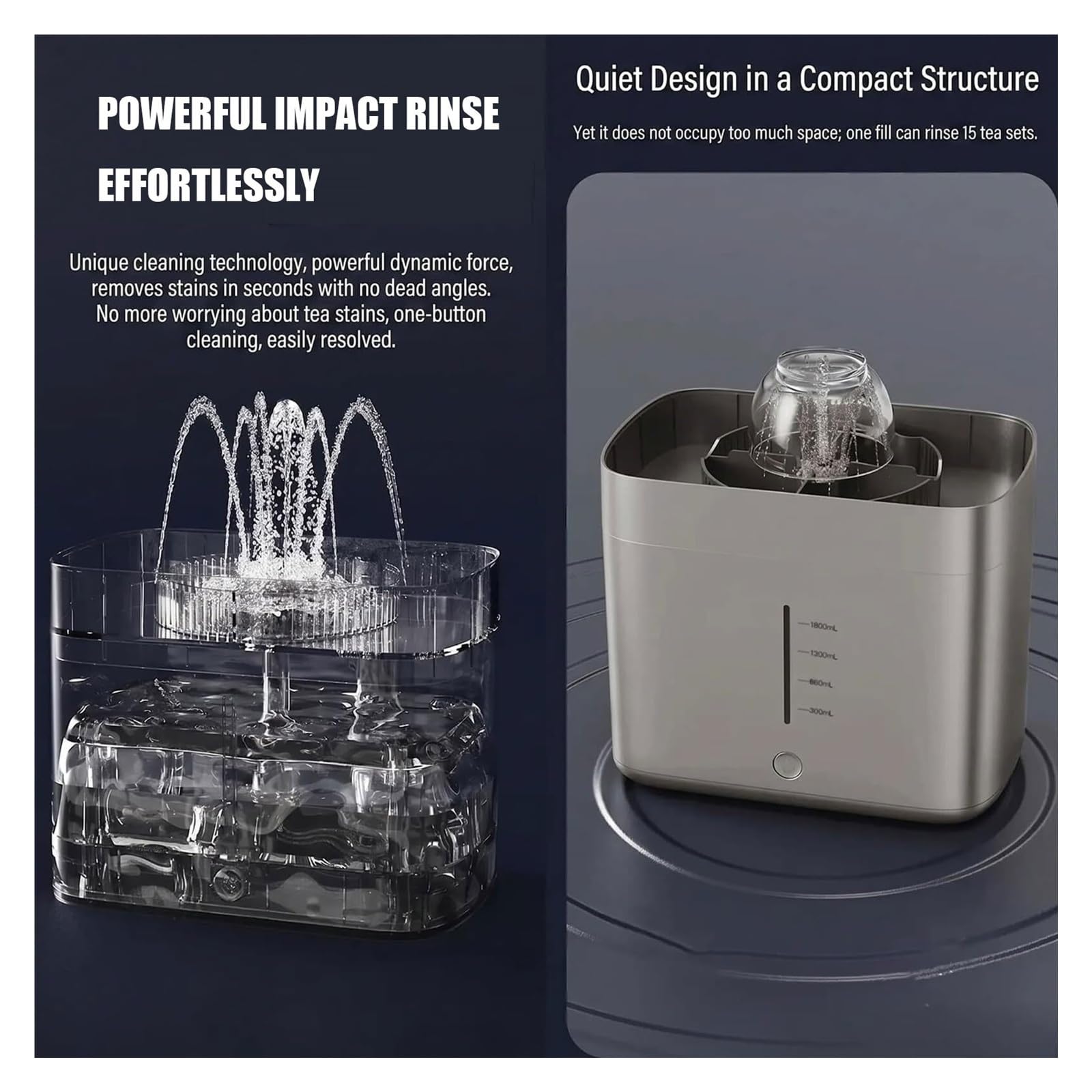 Lavabicchieri da tè da tavolo silenzioso con scarico a fontana | Grande serbatoio dell'acqua da 1,8 litri, scarico per fontana ad alta pressione, arresto automatico one-touch(Black)