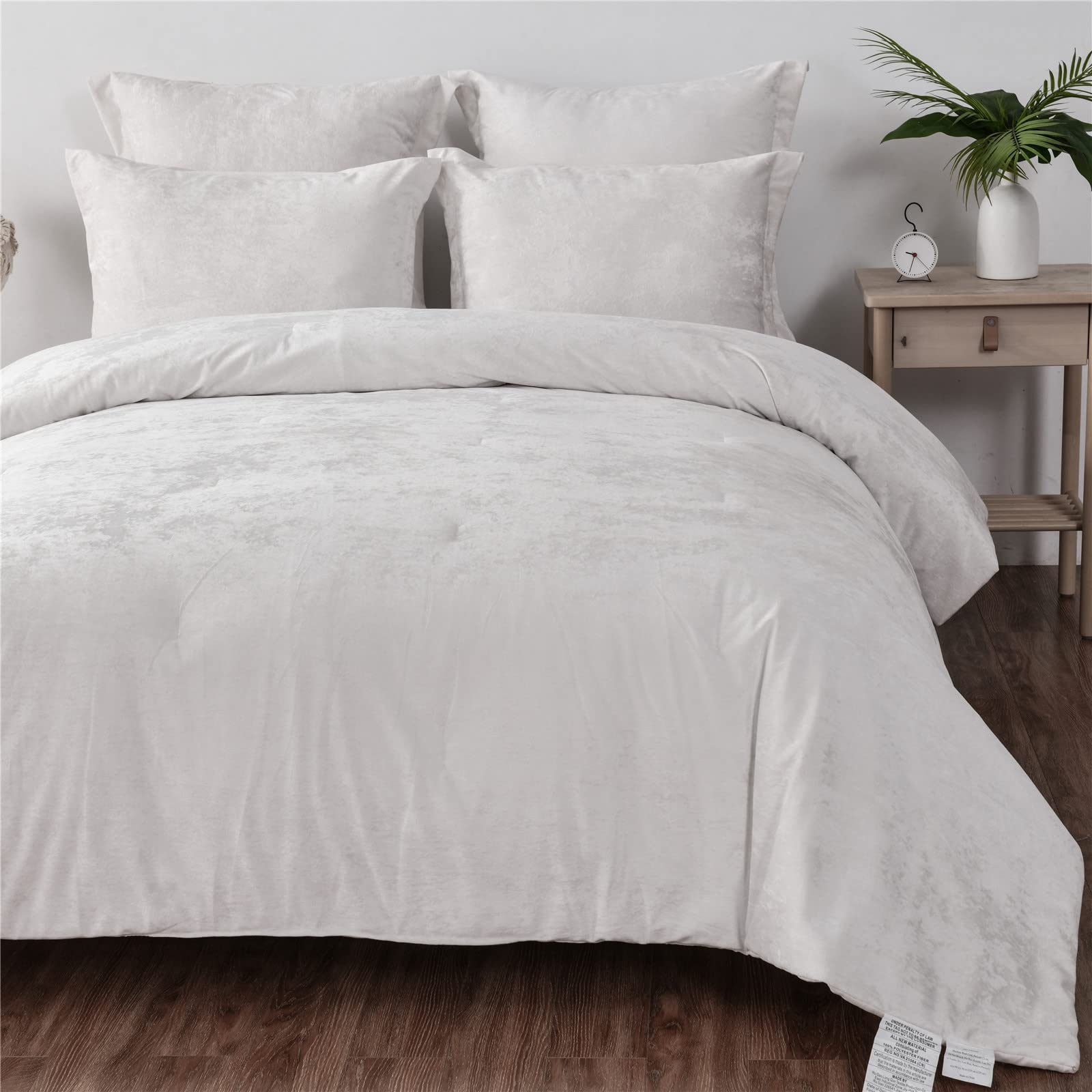 Sunshine Nicole Distressed Velvet Comforter Set, Distressed Velvet Face and Brushed Solid Microfiber Reverse, with Light Weight Soft Poly Fill, 5 Pieces Light Ivory, King