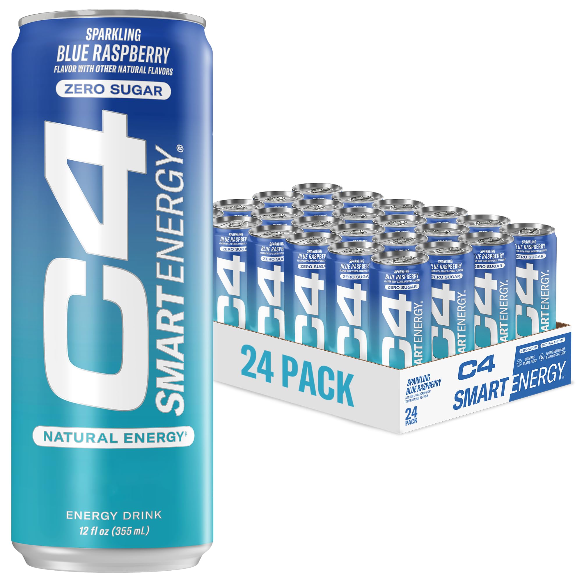 C4 Smart Energy Drink - Sugar Free Performance Fuel & Nootropic Brain Booster, Coffee Substitute or Alternative | Blue Raspberry 12 Oz - 24 Pack