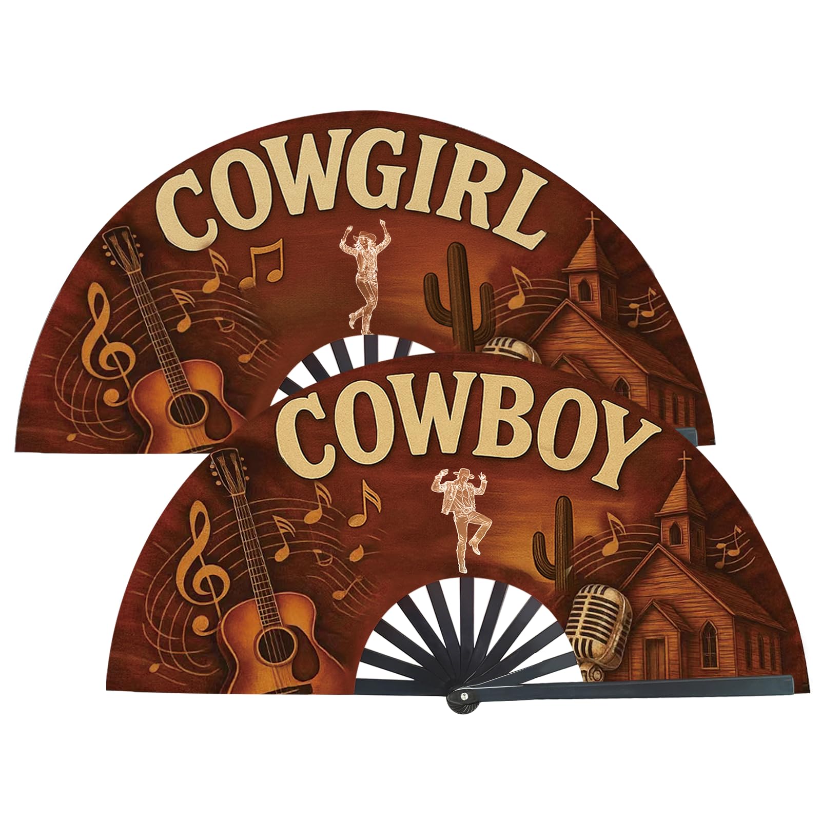 2PCS Fans for Line Dancing, Cowgirl&amp;Cowboy 13inch Large Hand-held Flat Fan Western Style Popping Fan for Party, Festival, Club, Dancing