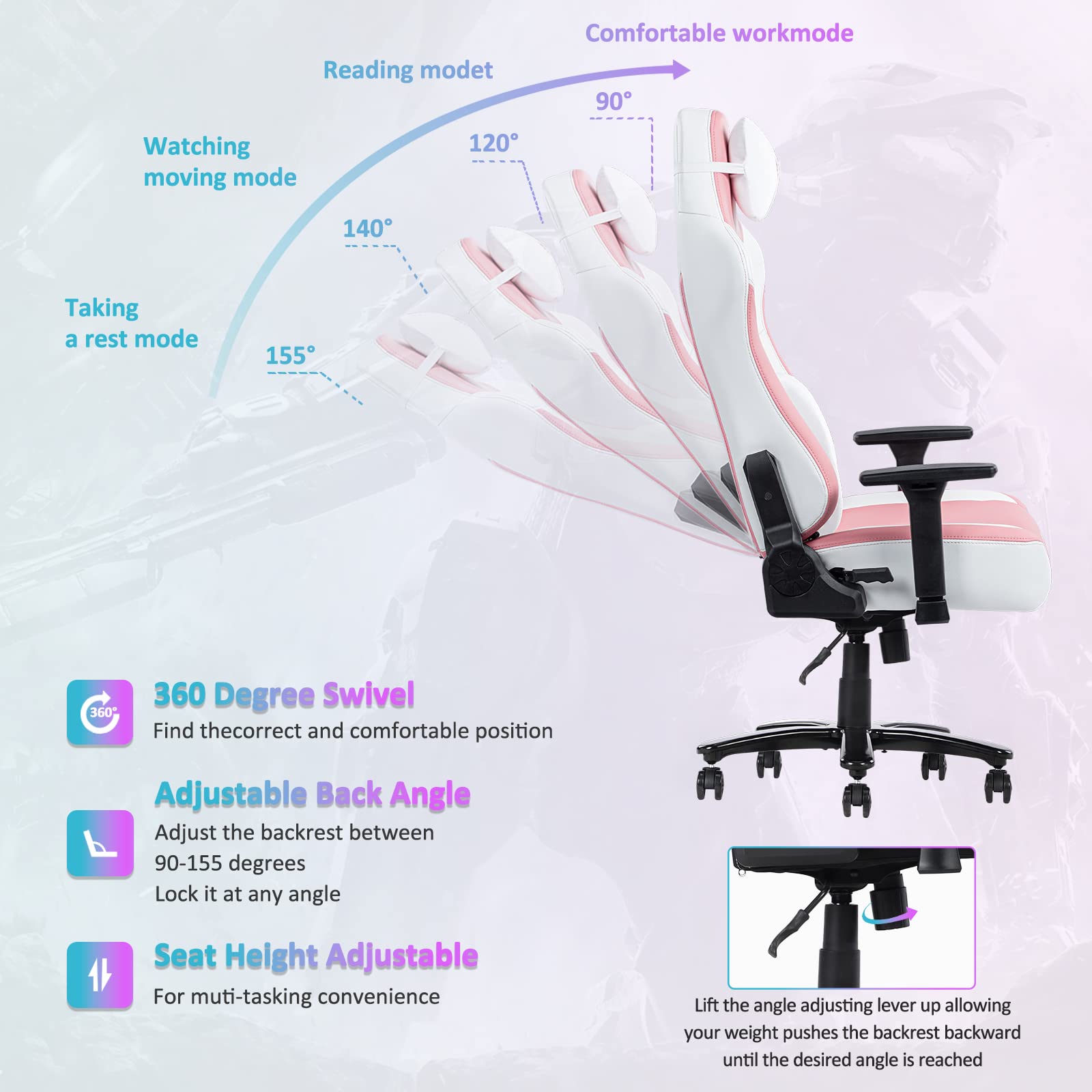 FANTASYLAB Big and Tall Gaming Chair 400lb Pink Gaming Chair Massage